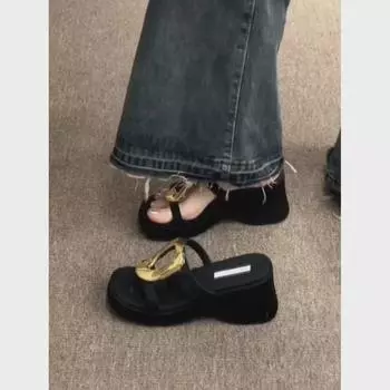 2024 Женские босоножки на танкетке с золотистой пряжкой ~ 7 см Летние пляжные тапочки 40