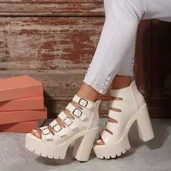 2024 Женские босоножки на высоком каблуке Летние босоножки на платформе 2024 Женские гладиаторские сандалии с пряжкой на щиколотке Черные женские босоножки на блочном каблуке 35 бежевый