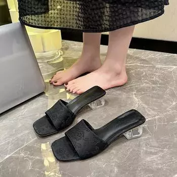 2024 Женские босоножки Женские прозрачные квадратные каблуки Элегантные летние тапочки Женские туфли без застежек Темпераментные туфли на высоком каблуке для вечеринок 35 чёрный