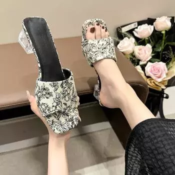 2024 Женские босоножки Женские прозрачные квадратные каблуки Элегантные летние тапочки Женские туфли без застежек Темпераментные туфли на высоком каблуке для вечеринок 35 чёрный