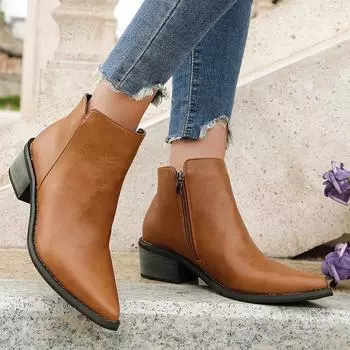 2024 Женские Ботильоны Из Искусственной Кожи На Толстом Каблуке Модные Офисные Короткие Ботинки С Заостренным Носком Осень Зима Большой Размер 43 Для Женщин 36 хаки