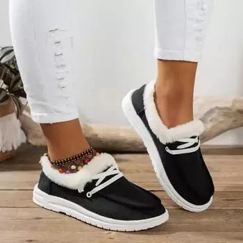 2024 Женские ботильоны на шнуровке Мокасины с пушистой подкладкой Женские зимние ботинки Теплые плюшевые ботильоны для снега Кроссовки Хлопковая обувь 36 чёрный