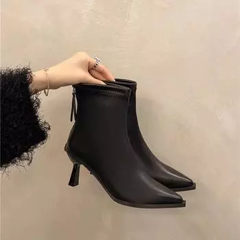 2024 Женские ботильоны с острым носком, модные элегантные туфли из мягкой искусственной кожи, женские современные короткие ботильоны на толстом каблуке 35 чёрный