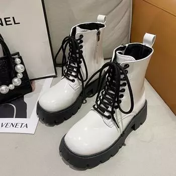2024 Женские ботинки на шнуровке, белые модные ботинки на среднем каблуке, лакированные кожаные ботинки на толстом каблуке и платформе со средними рукавами, женская обувь 35 чёрный