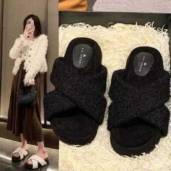 2024 женские домашние тапочки на толстой подошве повседневные зимние новые стильные прогулочные женские трендовые классические женские замшевые теплые хлопковые тапочки 35 бежевый