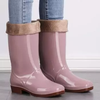 2024 Женские дождевые туфли Повседневные ПВХ с бархатом Водонепроницаемые нескользящие сапоги до колена Новая мода Tide по причинам Botas De Mujer 36 чёрный