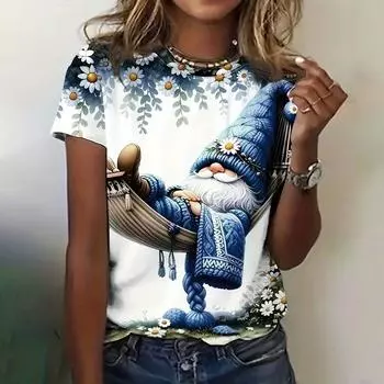 2024 Женские футболки Рождественский принт Снеговик Костюмы с круглым вырезом Женские модные топы Короткие рукава Спортивные футболки Уличная одежда Новинка S