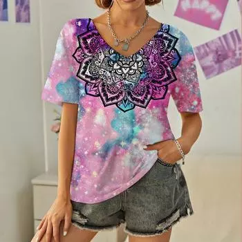 2024 женские футболки с геометрическим графическим принтом тай-дай, дизайнерская женская блузка, топ больших размеров с v-образным вырезом, летняя рубашка, женская одежда S