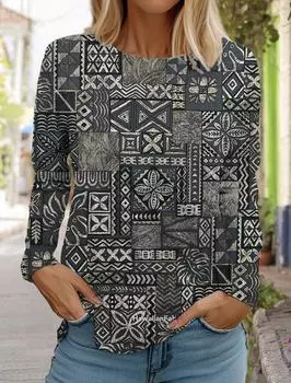 2024 Женские гавайские ретро-модные топы с длинным рукавом и круглым вырезом, повседневная футболка с длинным рукавом, дизайнерская новинка S