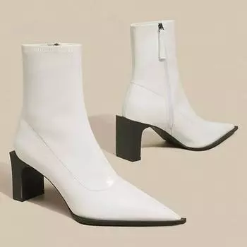 2024 Женские короткие кожаные сапоги на высоком каблуке, новые женские сапоги на тонком каблуке с острым носком, женские короткие ботильоны Botas De Mujer 35-40 35 чёрный