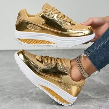 2024 женские кожаные кроссовки повседневные кроссовки на шнуровке балетки легкие удобные черные нескользящие кроссовки для бега на открытом воздухе 36 золотой