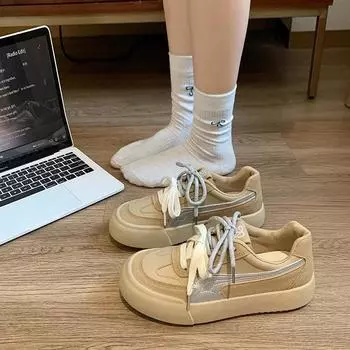 2024 женские кроссовки на толстой подошве, удобная повседневная модная обувь, повседневные низкие теннисные туфли на плоской подошве со шнуровкой для женщин 35 бежевый