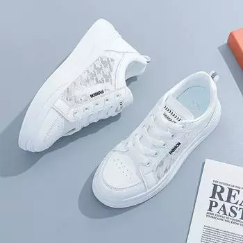 2024 Женские кроссовки Женские вулканизированные туфли Весна Осень Дышащие балетки Шнуровка Однотонные сетчатые туфли Повседневные белые туфли 35