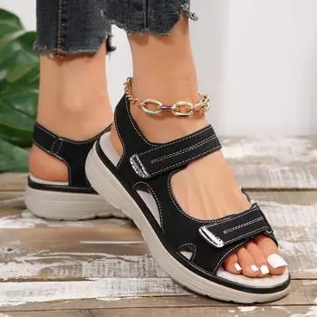 2024 Женские летние босоножки на танкетке, нескользящие пляжные босоножки с открытым носком, для отдыха на платформе, размер плюс 43, спортивная обувь Sandalias Mujer 36 чёрный