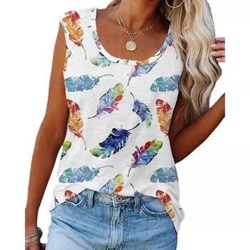 2024 Женские летние футболки на подтяжках Tie Dye с принтом перьев Майки Сексуальная футболка без рукавов с круглым вырезом Женский повседневный свободный жилет S белый