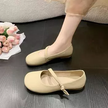 2024 Женские Летние и Осенние Новые Повседневные Ретро Туфли На Плоской Подошве С Небольшим Носком Туфли Мэри Джейн Квадратной Головы 35 бежевый