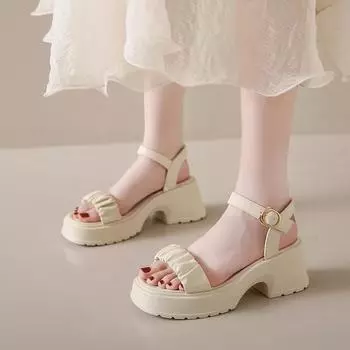 2024 Женские летние новые однотонные сандалии в стиле феи с одной пряжкой на толстой подошве с сетчатым инфракрасным покрытием на высоком каблуке для женщин 35 бежевый