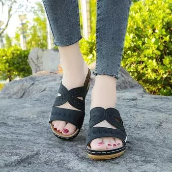 2024 Женские летние новые плоские нескользящие ПУ водонепроницаемые женские туфли для отдыха на открытом воздухе удобные пляжные женские тапочки большие 35 темно-синий