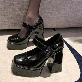 2024 женские летние новые простые однотонные модные лоферы с круглым носком, непромокаемые уличные повседневные туфли на высоком каблуке для банкетов и вечеринок 34 чёрный