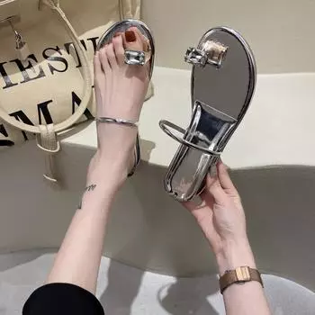 2024 Женские летние шлепанцы Новые модные тапочки из искусственной кожи с круглым носком на плоской подошве Повседневные вечерние женские сандалии для платья 35