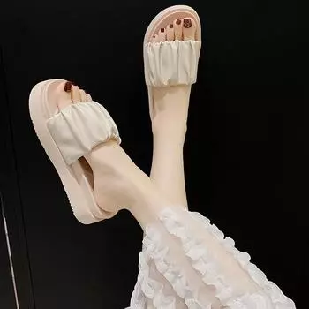 2024 Женские летние тапочки Модные тапочки из искусственной кожи на платформе Плиссированная обувь Повседневная удобная пляжная обувь Верхняя одежда 35