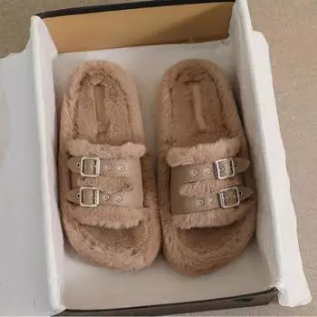 2024 женские модные тапочки с пряжкой на поясе, зимние универсальные тапочки из овечьей шерсти, осенние новые домашние тапочки, сохраняющие тепло, плюс бархатные тапочки 36