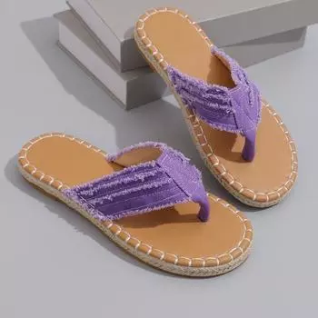 2024 женские модные тапочки, удобные пляжные шлепанцы, новые летние повседневные туфли на плоской подошве с мягкой подошвой, однотонные холщовые женские шлепанцы с плюшевыми краями 36 чёрный