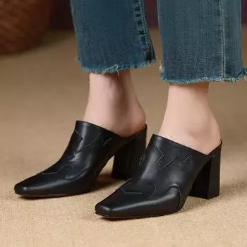 2024 Женские Новые Летние Европейские и Американские Кожаные Квадратные Туфли Baotou Muller на Высоком Каблуке для Женщин 34 чёрный