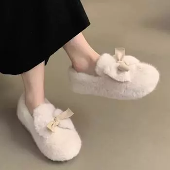 2024 женские новые плюшевые теплые зимние сапоги осень-зима модные хлопковые плоские слипоны с бантом 35 бежевый