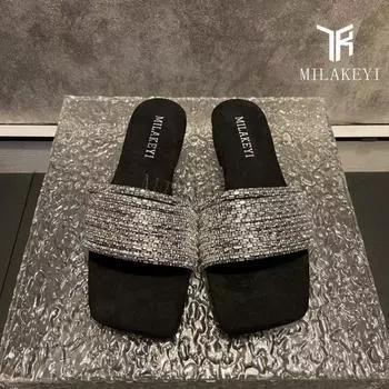 2024 женские новые тапочки роскошные дизайнерские женские модные летние повседневные пляжные тапочки с открытым носком на плоской подошве со стразами 35 чёрный