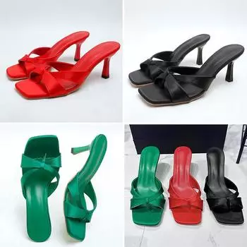 2024 женские новые туфли на высоком каблуке с квадратным носком и тонким каблуком с перекрещивающимися бабочками, темпераментные тапочки с защипнутым носком, женские сандалии 35 темно-зеленого