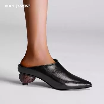 2024 женские новые весенне-летние остроносые тапочки Muller из натуральной овчины с конским маслом Baotou на среднем каблуке 34 чёрный