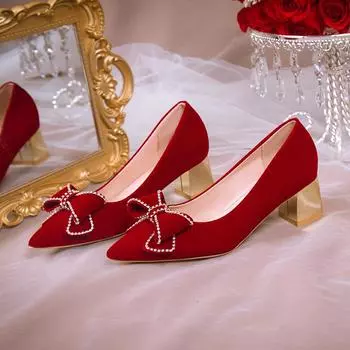 2024 Женские новые весенне-осенние туфли со стразами и бантом, остроносые свадебные туфли, модные темпераментные туфли с неглубоким носком 34