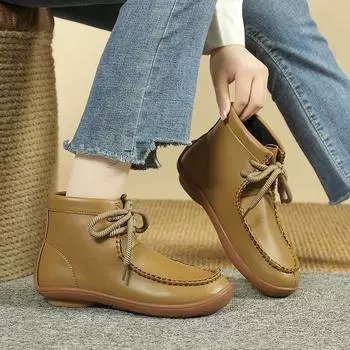 2024 Женские однотонные флоковые ботинки на плоской подошве для отдыха на шнуровке с мягкой подошвой Лодочки Удобные легкие нескользящие ботильоны 36 чёрный