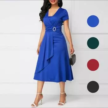 2024 Женские платья Асимметричный подол с V-образным вырезом Платье больших размеров Элегантные вечерние женские платья N S синий