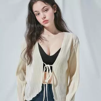 2024 Женские плиссированные простые рубашки весна-осень шикарные длинные расклешенные рукава V-образный вырез завязывающиеся кардиганы топы для повседневной вечеринки улицы S бежевый
