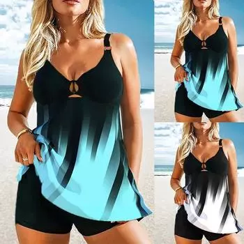 2024 женские пляжные купальники с модным принтом, танкини, модные сексуальные купальники, комплект бикини, летний плавательный комплект из двух предметов S синий