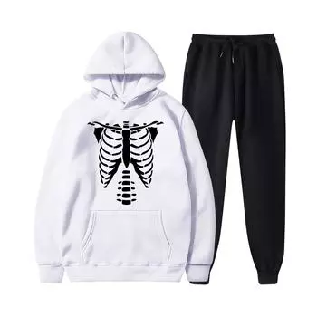 2024 Женские плюшевые брюки с длинным рукавом, свободный пуловер, принт на Хэллоуин и комплект из двух предметов с капюшоном и веревкой S фиолетовый