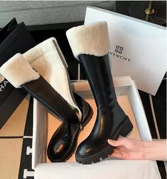 2024 Женские плюшевые сапоги, модные мягкие кожаные сапоги до колена, женские зимние теплые сапоги на толстом меху для зимних рыцарей 35 коричневый