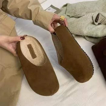 2024 Женские плюшевые теплые тапочки Мокасины на среднем каблуке Тапочки с закрытыми носками Женские однотонные плюшевые хлопковые тапочки 35 коричневый
