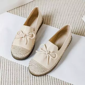 2024 Женские повседневные мокасины без застежек на конопляной плетеной подошве, одинарные туфли, женская обувь на плоской подошве из кожи, большой размер 43, обувь для рыбалки 35 бежевый