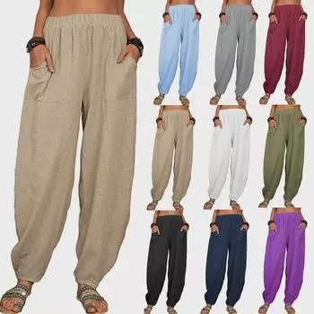 2024 Женские повседневные свободные однотонные шаровары из хлопка и льна S чёрный