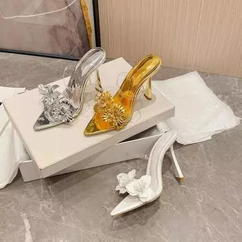 2024 женские прозрачные тапочки из ПВХ, летние цветы с острым носком на тонком высоком каблуке, модная обувь для выпускного вечера, современные женские сандалии 35 золотой