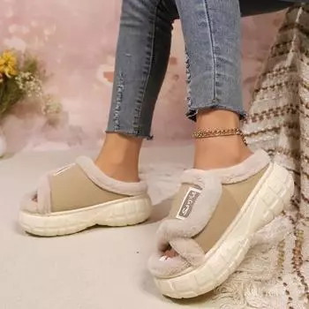 2024 женские пушистые хлопковые тапочки зимняя мода новые домашние туфли на толстой подошве легкие удобные тапочки на мягкой подошве 36-37 бежевый