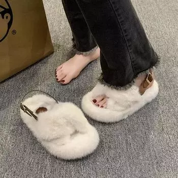 2024 Женские пушистые тапочки с толстым дном, прямой пряжкой, ремнем, открытым носком, теплые хлопковые тапочки, домашние тапочки для женщин, зимние 35 белый