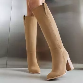 2024 женские ретро-сапоги на высоком каблуке, ковбойские туфли на толстой подошве, зимние новые теплые плюшевые кожаные сапоги до колена, замшевые сапоги 35 чёрный