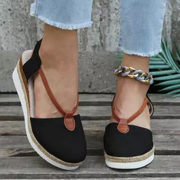 2024 женские сандалии-эспадрильи, удобные босоножки на танкетке, женские повседневные туфли с закрытым носком, дышащие туфли из льна и конопли 36 чёрный