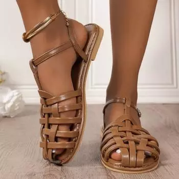 2024 женские сандалии летние уличные пляжные повседневные PU кожаные пряжки дизайнерские женские туфли ретро на плоской подошве с женскими Romanas Mujer 35 бежевый