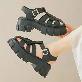 2024 Женские сандалии на платформе Римские туфли 2024 Новое лето 2024 Туфли на плоской подошве Повседневная обувь Пляжные шлепанцы Платье Шлепанцы Zapatillas 35 чёрный