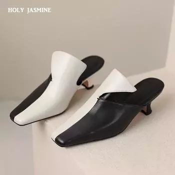 2024 Женские сандалии Разноцветные качественные мюли из натуральной кожи на высоком каблуке Офисные женские лаконичные туфли для женщин Весна Лето Новинка 34 чёрный